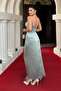 Atlas Fabric Strapless Evening Dress - Turquoise - 5