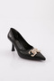 Women's Flat and Reverse Letter C Buckle Silver Stone Pointed Toe Heeled Shoes Black 2485297 - 2