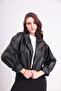 Oversize Women's Cream Balloon Sleeve Bomber Leather Jacket - 4