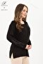 Women's Black Stripe Pattern Stone Embroidered Slit Lycra Viscose Mother Combed Cotton Blouse - 2
