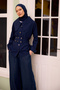 Women's Gold Button and Belt Detailed Shirt Navy Blue