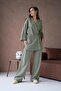 Women's Khaki Linen Embroidery and Sequin Detailed Kimono and Pants Bottom/Top Suit 29033 - 4