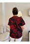 Red Floral Print Plus Size Blouse with Slit Detail on the Shoulder - 5