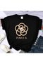 Flower Paris Printed Women's Cotton Combed Cotton Round Neck Black T-Shirt