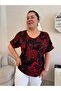 Red Floral Print Plus Size Blouse with Slit Detail on the Shoulder - 3