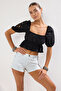 Siyah Dokuma Nakışlı Plaj Crop Bluz TBESS25BZ00000