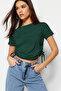 Zümrüt Yeşili Büzgü Detaylı Basic Bisiklet Yaka Örme T-Shirt TWOSS21TS0131 - 2
