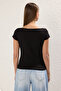 Siyah  Kayık Yaka Fitted/Vücuda Oturan Pamuklu Esnek Örme Bluz TWOSS25BZ00285 - 4