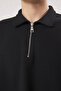 Siyah Oversize/Geniş Kesim Dokulu Fermuarlı Polo Yaka T-shirt - 3