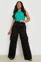 Women's Large Size Black, Waist Complete Elastic, High Waist, Wide Leg Cargo Pants 65N38748