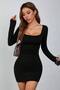 Square Neck Long Sleeve Lycra Black Mini Dress