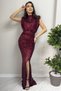 Women's Mock Neck Belt Detail Slit Sequin Evening Dress Navy Blue, Black, Burgundy, Silver, Emerald Green - 5