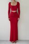 Red Sandy Fabric U-Neck Crop Blouse High Waist Gathered Design Maxi Skirt Double Set 312