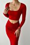 Red Sandy Fabric U-Neck Crop Blouse High Waist Gathered Design Maxi Skirt Double Set 312 - 2