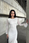 Women's White Backless Mesh Dress with Volan Detail - 2