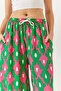 Women's Green Fuchsia Patterned Elastic Waist Tie Pocket Viscose Comfortable Palazzo Trousers 60261435 - 6