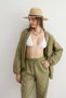 Women's Khaki Elastic Waist Carrot Leg Muslin Trousers - 3