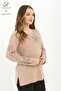 Women's Beige Bow Pattern Stone Embroidered Lycra Slit Viscose Mother Combed Cotton Blouse - 2