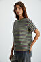 Elera Women's 100% Cotton Striped Round Neck Green / Patterned T-Shirt - 3