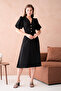 Black Atlas Fabric V-Neck Balloon Sleeve Bell Cut Midi Evening Dress with Button Accessories 153