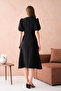 Black Atlas Fabric V-Neck Balloon Sleeve Bell Cut Midi Evening Dress with Button Accessories 153 - 3