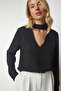 Black Crepe Blouse - Window Detail and Low-Cut Lub0080 - 3