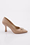 Women's Flat and Reverse Letter C Buckle Silver Stone Pointed Toe Heeled Shoes Beige 2485297