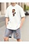 Men's White Selfie Teddy Bear Printed T-Shirt Printed Gray Combed Cotton Short Set