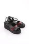 Women's Row Double Banded Wedge Sandals Genuine Leather Black Claret Red 2495318 - 2