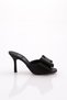 6302 Women's Ribbon Patterned Heeled Slippers Black Satin