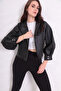 Oversize Women's Cream Balloon Sleeve Bomber Leather Jacket - 7