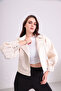 Oversize Women's Cream Balloon Sleeve Bomber Leather Jacket - 5