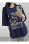 Women's Navy Blue Loose Printed Oversize Casual Stylish T-Shirt - 3