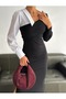Women's Black One-Shoulder Shirt Detailed Slit Knitted Fabric Midi Stylish Dress Mnn9634 - 3