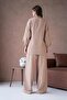 Women's Camel Linen Embroidery and Sequin Detailed Kimono and Pants Bottom/Top Set 29033 - 8