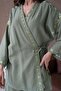 Women's Khaki Linen Embroidery and Sequin Detailed Kimono and Pants Bottom/Top Suit 29033 - 3