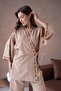 Women's Camel Linen Embroidery and Sequin Detailed Kimono and Pants Bottom/Top Set 29033