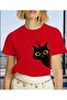 Side Cat Printed Women's Cotton Combed Crew Neck Red T-Shirt