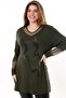 V-neck Stone Embroidered Comfortable and Flowy Fit Long Sleeve Plus Size Blouse with Tulle Detail on Collar and Sleeve