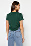 Zümrüt Yeşili Büzgü Detaylı Basic Bisiklet Yaka Örme T-Shirt TWOSS21TS0131 - 6