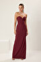 Bordo Straplez Dokuma Uzun Şık Abiye Gece Mezuiyet Elbisesi TPRSS25AE00098