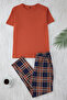 Kiremit - Lacivert Regular %100 Pamuk Ekose Örme Pijama Takımı THMSS21PT0328 - 3