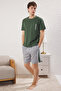Green Regular Fit Panelled Knitted Shorts Pajama Set Tmnss25Pt00035