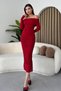 Women's Stretchy Sandy Fabric Wide Band Strapless Neckline Smocked Design Red Midi Dress 305