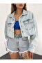 WOMEN'S DOUBLE-POCKET LASER-CUT CROPPED DENIM JACKET ZYN-58394 - 2