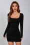 Square Neck Long Sleeve Lycra Black Mini Dress - 2