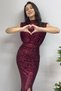 Women's Mock Neck Belt Detail Slit Sequin Evening Dress Navy Blue, Black, Burgundy, Silver, Emerald Green - 2