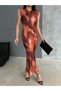 Women's Round Neck Short Sleeve Long Soft Satin Print Dress - 5