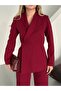 Women's Burgundy Buttoned Jacket Pants Suit - 2