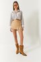 Women's Camel Hidden Zipper Detailed Shiny Covered Shorts Skirt 8399 60261431 - 2